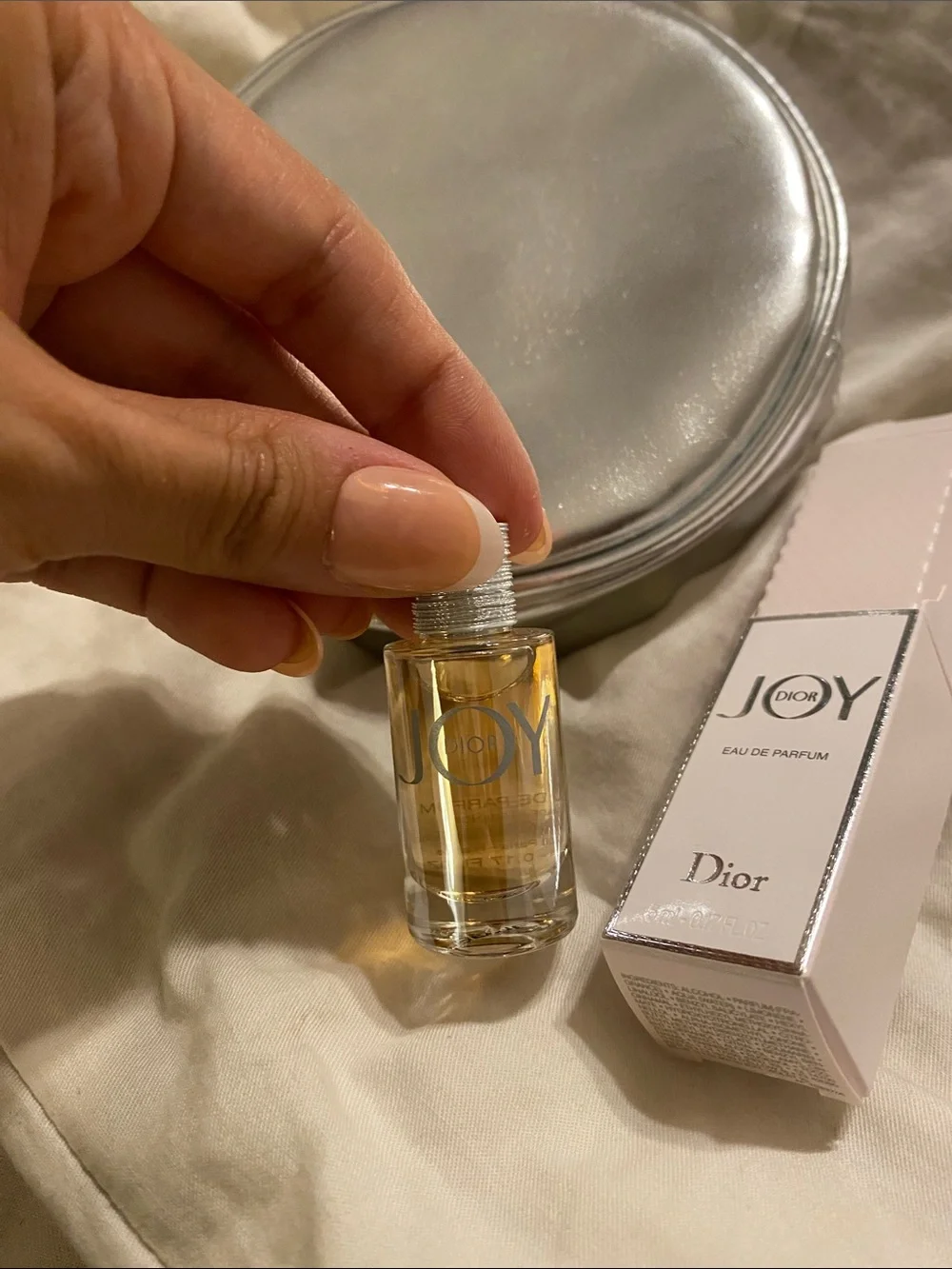 Dior Metallic Silver Round JOY Cosmetic Pouch & Dior Fragrance Set